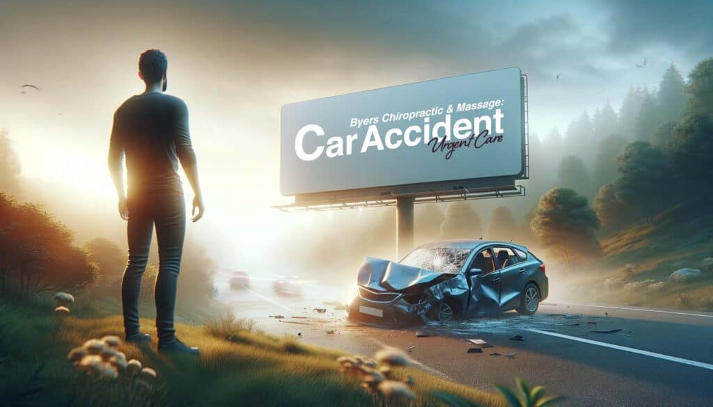 This is an illustration of a man who survived a car accident looking up at a billboard that has Byers Chiropractic & Massage: Car Accident Urgent Care on its face.